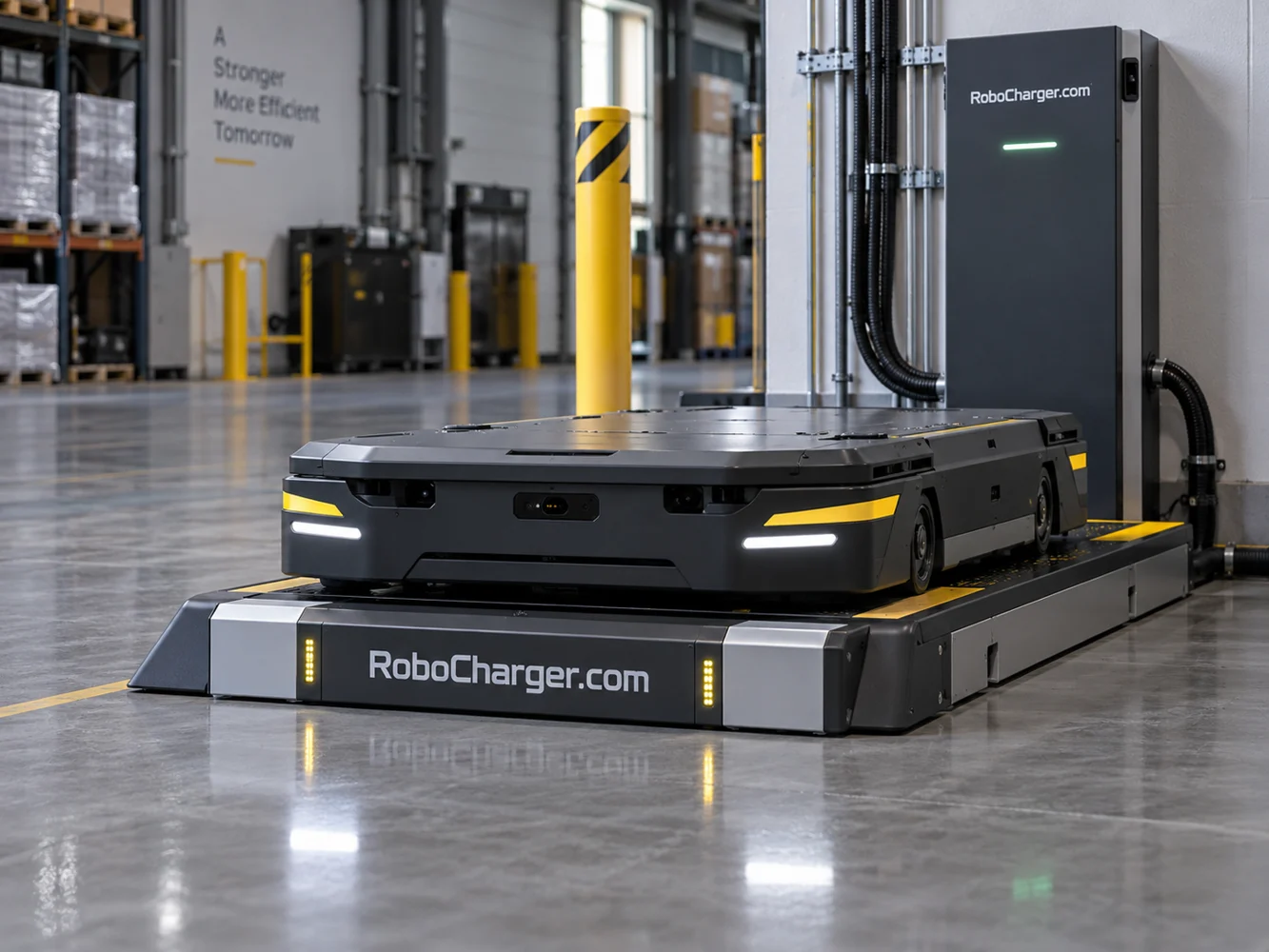 Mobile warehouse robot at a graphite charging dock
