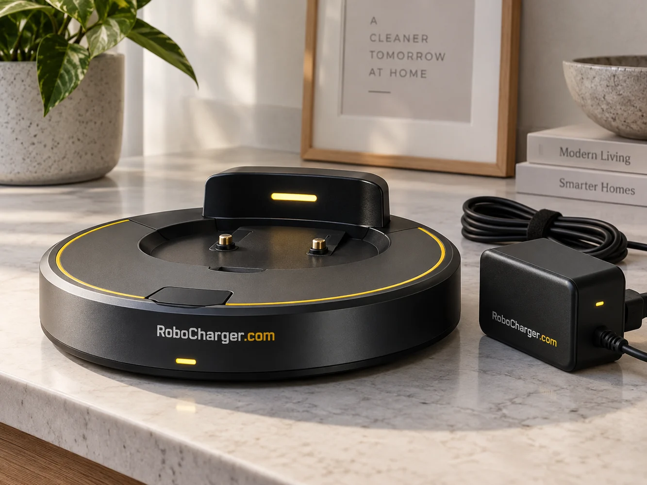 Domestic robot and charging accessories on a work surface