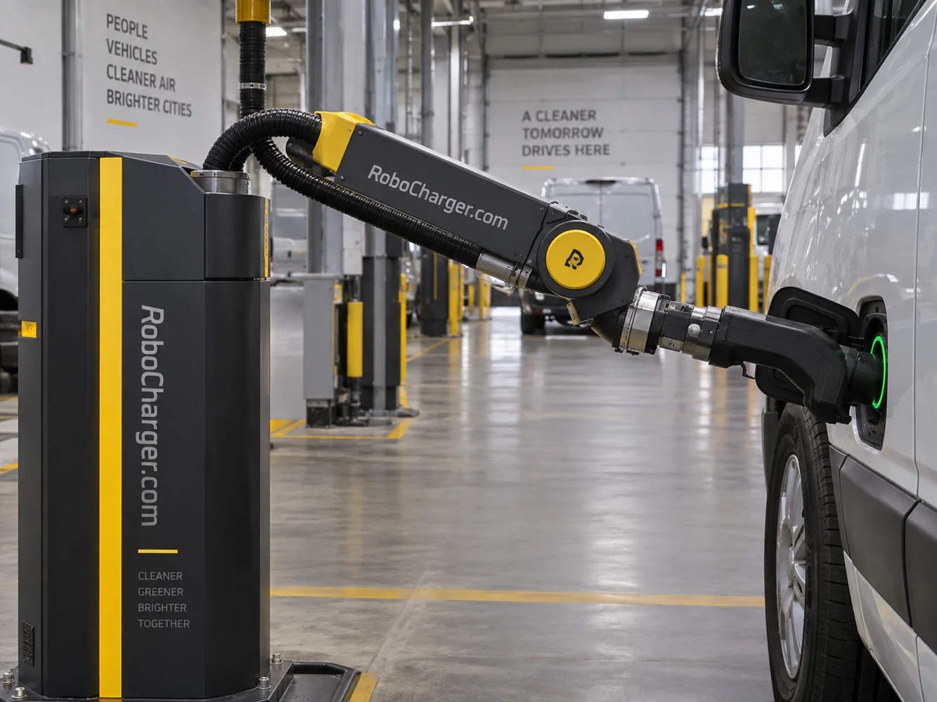 Robotic charging equipment beside an electric car